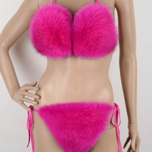 Hot Selling Sexy Girl Swim Suit Genuine Fullfy Fox Fur Thong Bikini