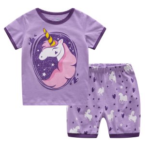 HY6226  Girls Unicorn Pajamas Short Sleeve 100% Cotton Summer Kids Toddler Cartoon PJS  Sleepwear Sets