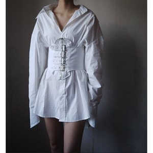 Lace-up belts Corset Design Sexy Casual office white Shirt Dress cotton blouse party sexy women gothic punk dress