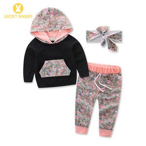 Lovely Baby Hoodie Sweatshirt Babies Clothing Set Three-Piece Black Floral Baby Girl Clothes Long Sleeve Hoodie set