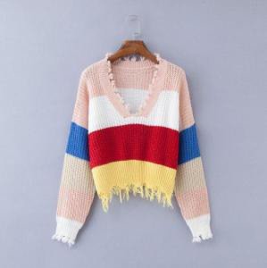 New Design V-neck Rainbow Striped Pullovers Sweater  European American Beauty Girl With Tassel Loose Irregular Knit Sweater