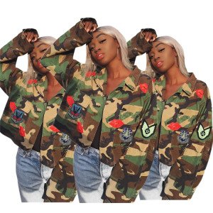 New Design Vintage Women Jackets Short Denim Jeans Camouflage Lips Fashion Patch Outerwear Manufacturer In China