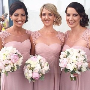 New designs cap sleeve flowers beaded chiffon blush pink cheap bridesmaid dresses MBA22