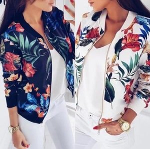 New Ladies Ribbed Trim Flower Print Bomber Jacket Women Autumn Printing Long Sleeve Casual Tops Zipper Jacket