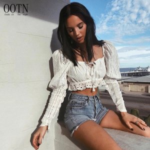 OOTN Tassel Tie Bohemia Female Hollow Out Women Shirt Embroidery Ruffle Blouse 2020 Summer Sexy White Tops Puff Sleeve Crop Top