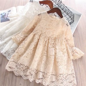 Spring girl lace dress long sleeve solid princess fashion baby girl boutique clothes baby frocks design dress children clothes