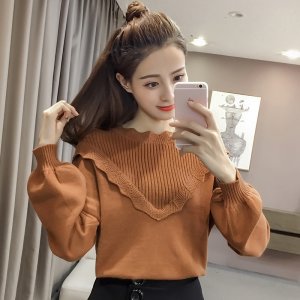 Spring high neck cotton lantern sleeve girl long sleeve japan fashion design woman sweater