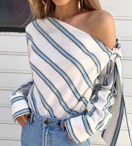 Striped Blouse Women One Shoulder Tops Sexy Long Sleeve Bow Shirts Female Fashion Women's Blouses 2019 Chemisier Femme