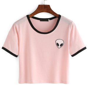 Summer alien Print crop top t shirt Women tops  short Sleeve White Pink Cotton tee shirt femme poleras mujer