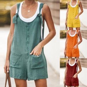Summer beach Playsuit Women basic Casual Button Pocket Jumpsuit Linen Vintage Shift Spaghetti-Strap Rompers