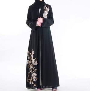 Summer breathable modern kaftan morocco moroccan muslim black floral embroidered kimono