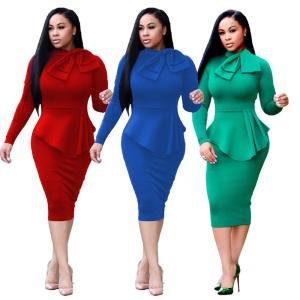 The latest solid color round collar bow tight office dress