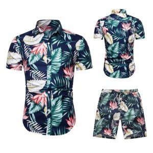 Two Piece Set Men Hawaiian print Short Sleeve T Shirt 2019 New Causal Tops Short Trousers