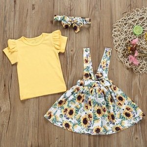 Wholesale Baby Clothes Children Girls Trendy Clothing Set 3pcs Shirt Floral Overalls Skirt Kids Set M90610