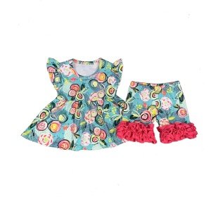 Wholesale Kids Clothing Sets Little Girls Aqua Floral Print Tunic and Ruffled Shorts Outfits