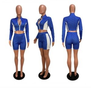 Wholesale ladies sexy pant and long sleeve zipper jumpsuits crop top printed two piece set