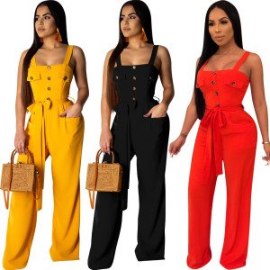 Women Clothing 2019 Summer Buttons Flared Jumpsuits Overall