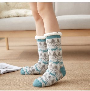 Women Knit Festive Winter Fleece Lining sheepskin slippers indoor slipper  socks wholesale