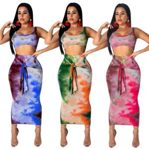 Women's Two Piece Set Outfits Tube Top Dress Tie Dye Midi Skirts Bandage Dresses