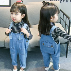 YY10127G Korean style children autumn clothes kids denim overalls girls jeans set