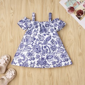 Blauw en wit Boho Bloemen Baby-jurk Ruches