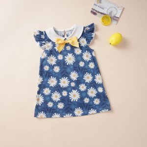 Blauw Schattig Bloemen Baby-jurk Boog