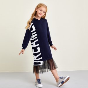 Casual Tekst Sweater jurken voor meisjes Contrast doorschijnend