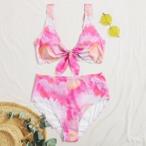 Roze  Schattig Tie dye Grote maat bikini set Geknoopt