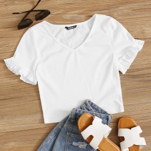 Wit Casual Vlak T-shirt Ruches