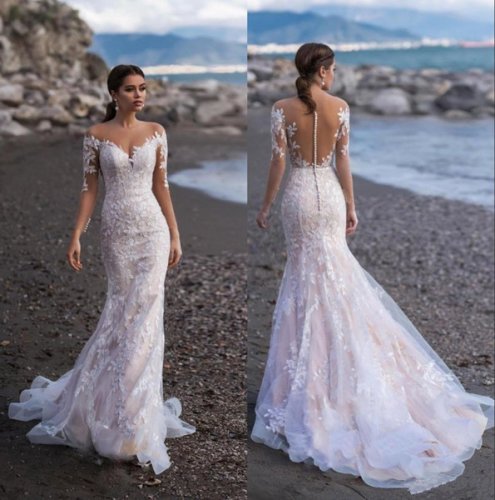 2020 Sheer Long Sleeves Lace Mermaid Beach Wedding Dresses Jewel Neck Appliques Illusion Sweep Train Dubai Bridal Gowns With Buttons BC2299