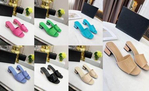 2022 Women Mules Slipper Calfskin Light Green Slide Sandal Coarser Heels Slippers Designer Summer Luxury Fashion girl Beach Shoes