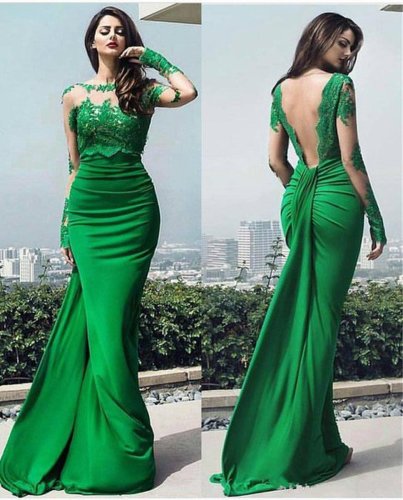 Elegant Green Stain Scoop Illusion Long Sleeves Evening Dresses Mermaid Backless Floor Length Dubai Prom Dress Formal Party Gowns Lace