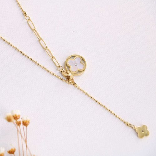 Fashion jewelry Hongfang titanium steel Fritillaria inlaid flower asymmetric chain Tassel Necklace commuting versatile ol style clavicle chain