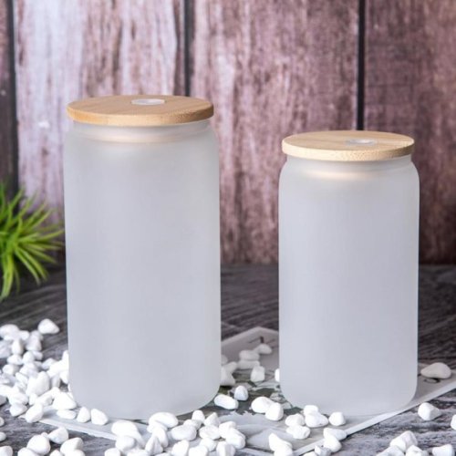 Sublimation Glass Mugs with Bamboo Lid Straw DIY Blanks Frosted Clear Can Shaped Tumblers Cups Heat Transfer 12oz 16oz Soda Whiskey Glasses sxmy8