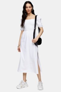 Womens White Shirred Midi Dress, White
