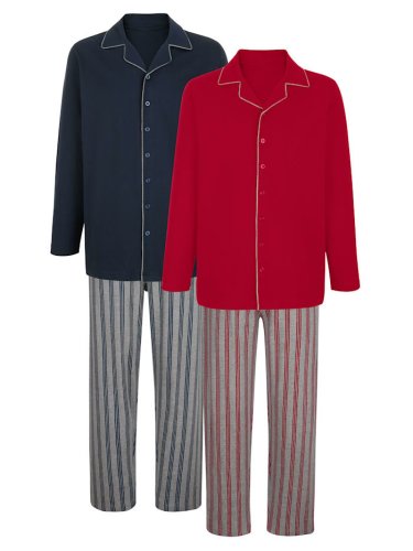 Schlafanzüge im 2er-Pack mit farbig abgesetzter Paspelierung am Kragen Marineblau/Rot