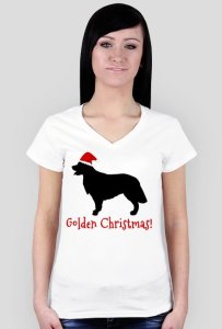 Damska świąteczna koszulka (dekolt) - biała - golden retriever
