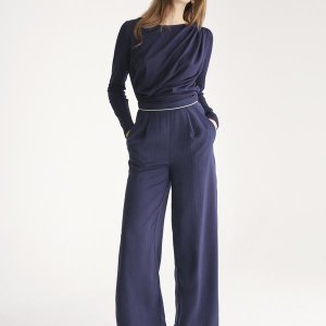 Diagonal draped top with teardrop cut out back in navy