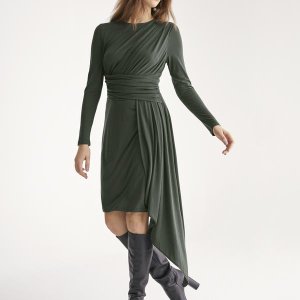 Jersey dress with ruched detail and side skirt drape in dark green