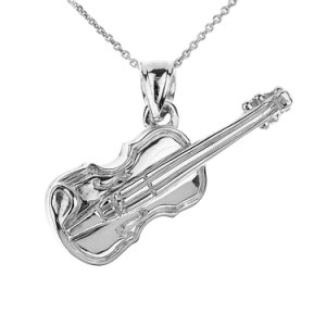 3D Violin Charm Pendant Necklace in 9ct White Gold
