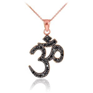 Diamond and Black Diamond Om (Ohm) Pendant Necklace in 9ct Rose Gold