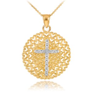 Diamond Filigree Heart Cross Pendant Necklace in 9ct Two-Tone Gold