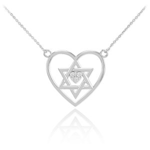 Diamond Open Heart Star of David Pave Heart Necklace in 9ct White Gold