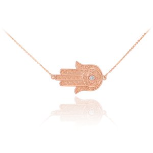 Diamond Sideways Hamsa Pendant Necklace in 9ct Rose Gold