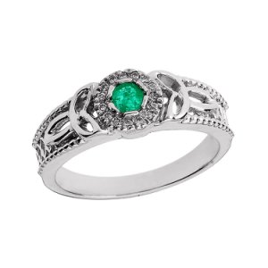 Emerald and Diamond Trinity Knot Ring in 9ct White Gold