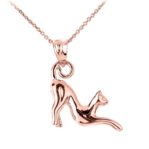 Stretching Cat Charm Pendant Necklace in 9ct Rose Gold