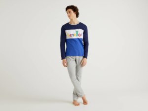 Benetton, Pyjama Mit Buntem Logo, größe L, Dunkelblau, Herren