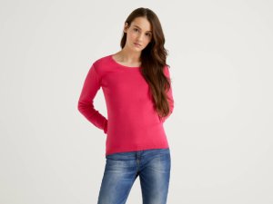 Benetton Online exclusive, Crew Neck Sweater In Pure Cotton, size M, Cyclamen, Women