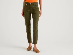 Benetton, Stretch Cotton Trousers, size 25, Military Green, Women