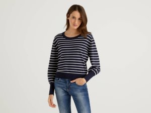 United Colors Of Benetton - Benetton, striped sweater with puff sleeve, size l, dark blue, women
